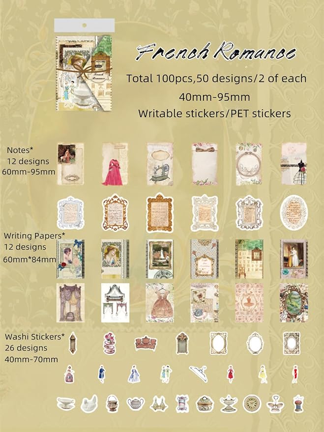 100PCS Vintage Journaling Scrapbooking Supplies Ephemera Pack for Junk Journal Planners Decoupage Paper Scrapbook Stickers Aesthetic Cottagecore Collage Craft Album (Romance)