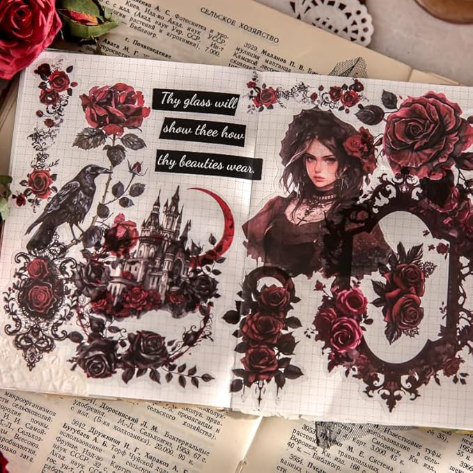 Pre-Cut Gothic and Vintage Sticker Book Set, 40 Pages of Dark Rose and Urban Street Ephemera for Scrapbooking, Journaling, DIY Crafting, and Art Supplies