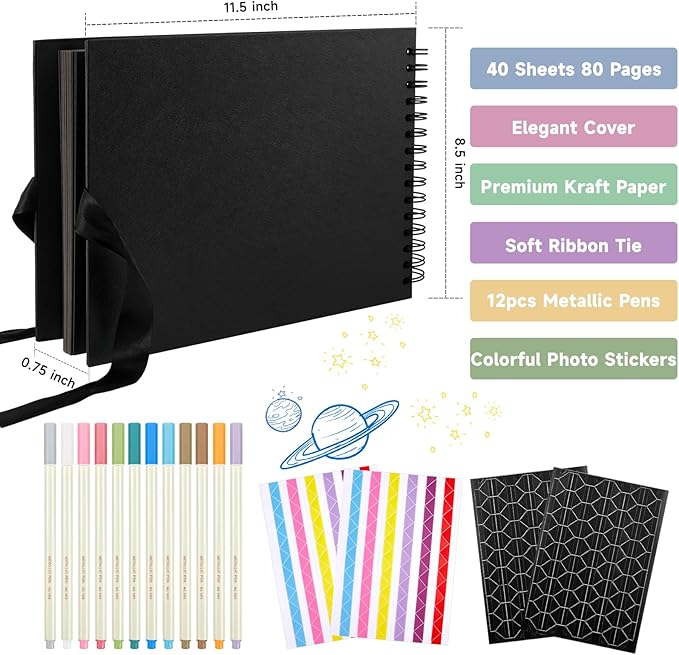 80 Pages Scrapbook Album with 12 Metallic Markers, 11.5 x 8.5 Inches Black Paper Photo Album for Wedding Anniversary, Family DIY Scrapbook Accessories