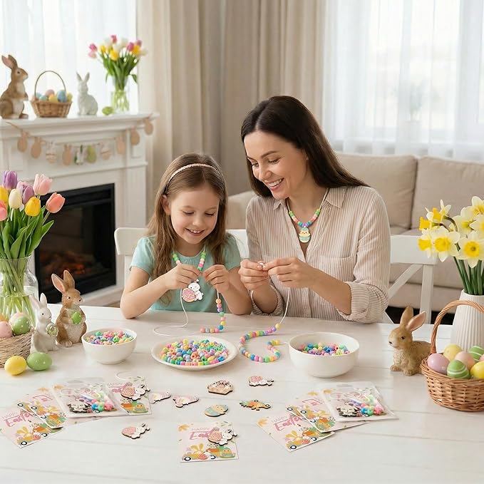 Bafeil 24 Set Easter Crafts Bead Necklace Making Kit for Kids - DIY Make Your Own Bunny Necklace for Arts and Crafts Project, Classroom Activities Gifts, Party Favors & Easter Basket Stuffers
