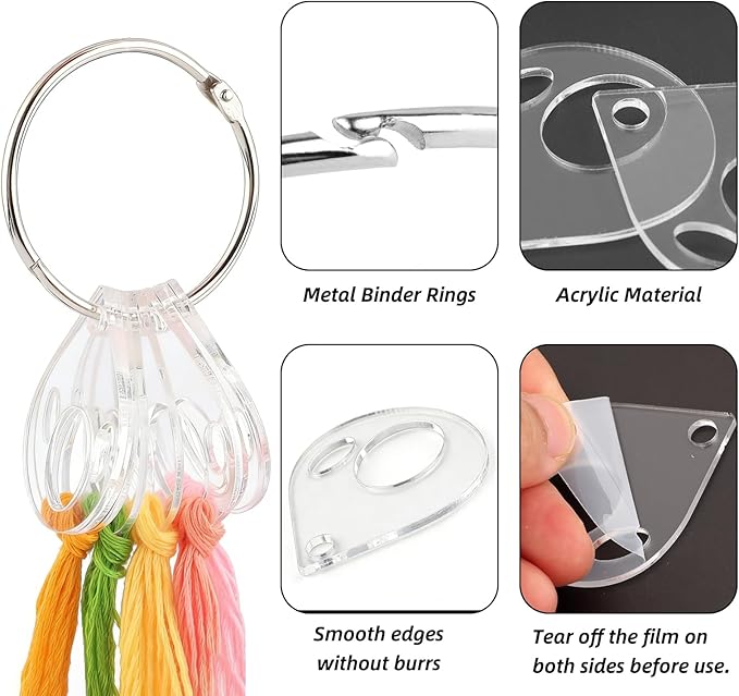 53 Pcs Clear Acrylic Embroidery Floss Drops,Hinged Ring Thread Bobbins for Cross Stitch Sewing,Organizers for Thread Storage DIY Craft Supplies(Style A)