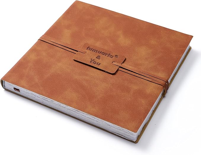 tumuarta Deckle Edge Watercolor Paper Square Sketchbook, 100% Cotton Vintage Leather Journal, 140 Lb, 300 GSM, 24 Sheets Handmade Diary for Mixed Media Techniques. (Brown, 6"x6")