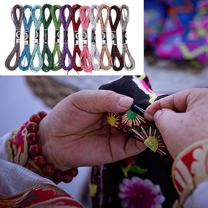 12 Skeins 6 Strands Metallic Embroidery Floss Glitter Cross Stitch Thread Colorful Sparkly Polyester Friendship Bracelet String Yarn Threads Bulk for Hand Sewing Crafts Bracelets Making DIY