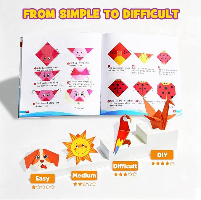 Pigipigi Kids Craft Origami Paper Kit for Kids Ages 5-8 8-12, with Guiding Book, 208 Sheets DIY Art and Crafts Supplies, Colorful Folding Papers Set Projects Gifts Activity for Boy Girl Toys(Cartoon)
