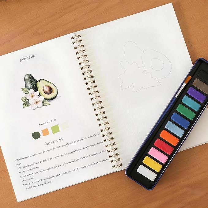 Watercolor Workbook, Water Coloring Book, 12 Different Patterns of Original DIY Designs, 12 Colors Watercolor Paint Set with Palette and Brush, Beginner-Friendly Watercolor Workbooks（Fruits）