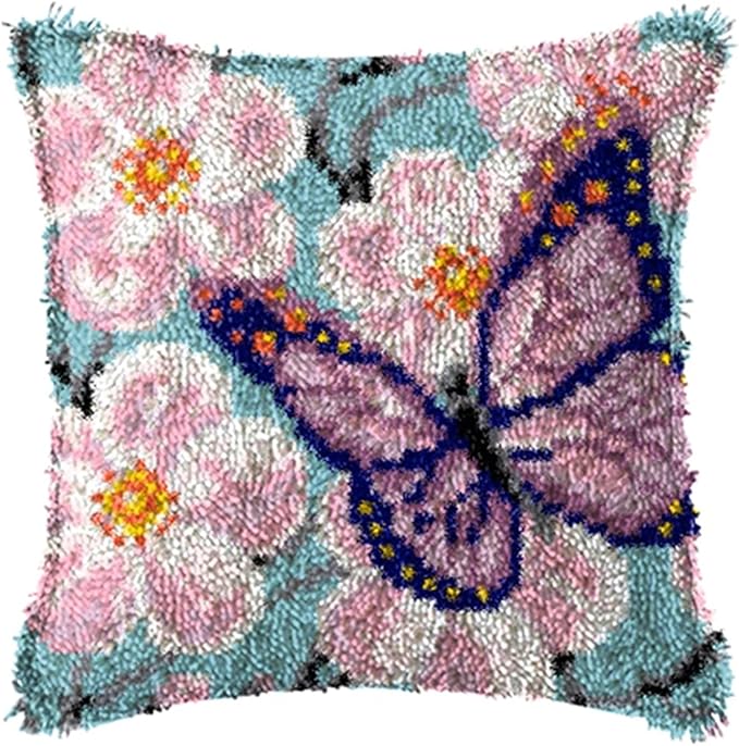 Ylkgogo Latch Hook Pillow Kits DIY Throw Pillow Cover Printed Canvas Needlework Crafts for Beginners and Adults 17" X 17"(Butterfly)