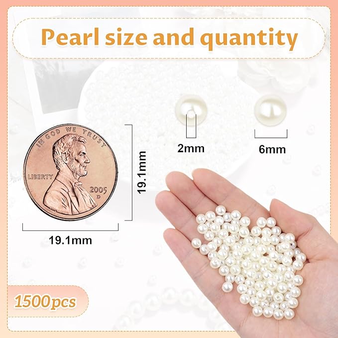 1500Pcs 6mm Pearl Beads with Hole, Loose White Clay Pearl Bead for Crafting Jewelry Making, Tiny Round Cute Acrylic Pearls Beads for Earring Kit, Necklace, Bracelet, Vase Filler, DIY Craft