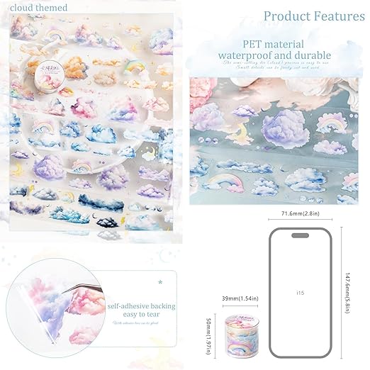 Cloud PET Tape Stickers for Scrapbooking Supplies, 6 Rolls Journal Stickers for Scrapbooking,Journaling, Junk Journal Supplies, DIY Crafts (Color)