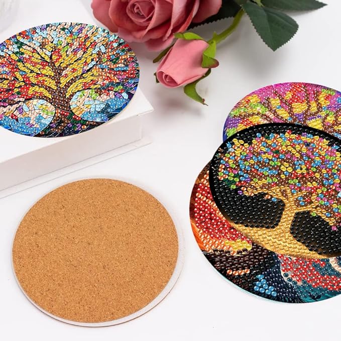 igoodom 8 Pcs Tree of Life Diamond Art Coasters Kit with Holder, DIY Tree Diamond Painting Coasters for Beginners Adults, Non Slip Diamond Art Kits Craft Supplies 4x4inch