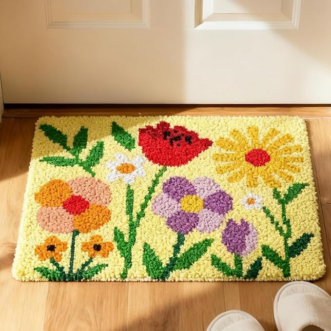 ORIGACH Simple Wildflower Latch Hook Rug Kit for Adults Printed Rug Making Kit Handmade Carpet Tapestry Cover with Hook Latch and Preprinted Canvas, Home Arts Crafts Sofa Decor, 20.5x15inch