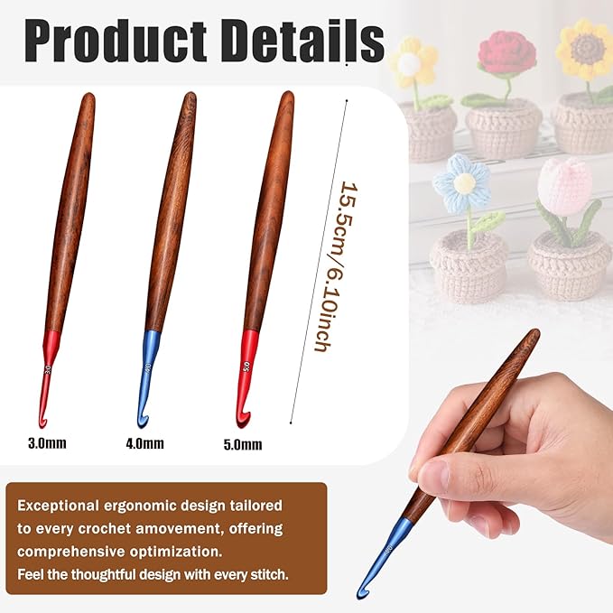 Giwrmu Crochet Hooks Set, Ergonomic Crochet Hooks 3 Pcs, Colored Aluminum Crochet Hook with Wooden Handle for Arthritic Hands Knitted Dolls, Gloves, Sweaters, Blankets - 3.0mm/4.0mm/5.0mm