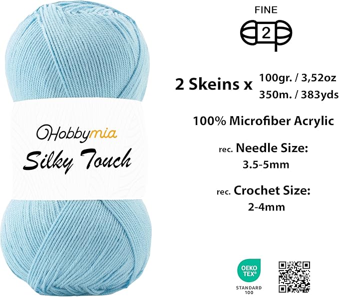 Silky Touch Acrylic Yarn - Soft Sport Weight Yarn for Crochet & Knitting - 100g / 383yds - 100% Microfiber Acrylic - Lightweight Fine Smooth Yarn(Blue - Sky Blue, 2 Skeins)