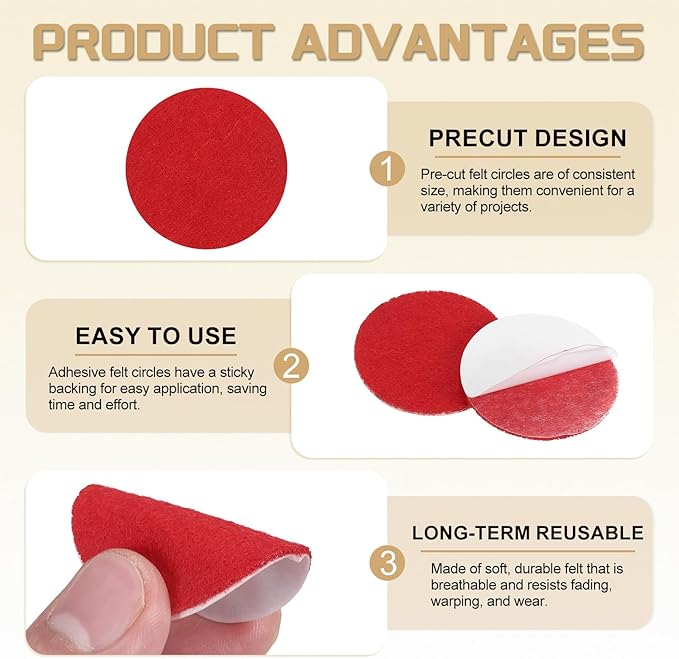 uxcell 100 Pcs Adhesive Felt Circles, 1.5" Round Non-Woven Felt Pads Stickers Dots Pre Cut for DIY Crafts Sewing Handcraft Costume Holiday Decoration, Red