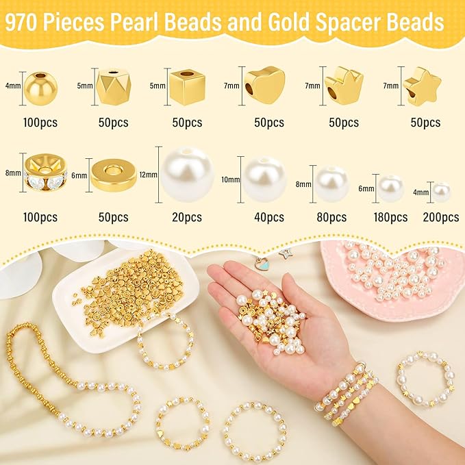 Audab Pearl Beads for Bracelet Making, 970 Pieces Pearl and Gold Spacer Beads for Jewelry Making