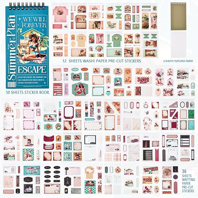 50 Sheets Precut Summer Vintage Scrapbook Stickers Book for Adults, Ephemera for Junk Journal Supplies, Antique Decorative Collage Stickers for Journaling, Scrapbooking, Scrap Book, Craft Arts