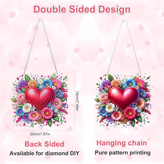 Valentine's Day Diamond Art Hanging Ornaments Kits for Adults, Heart Flower Diamond Painting Pendant Kits, DIY Acrylic 5D Special Shaped Crystal Gem Art Painting Ornament for Home Wall Decor Gift