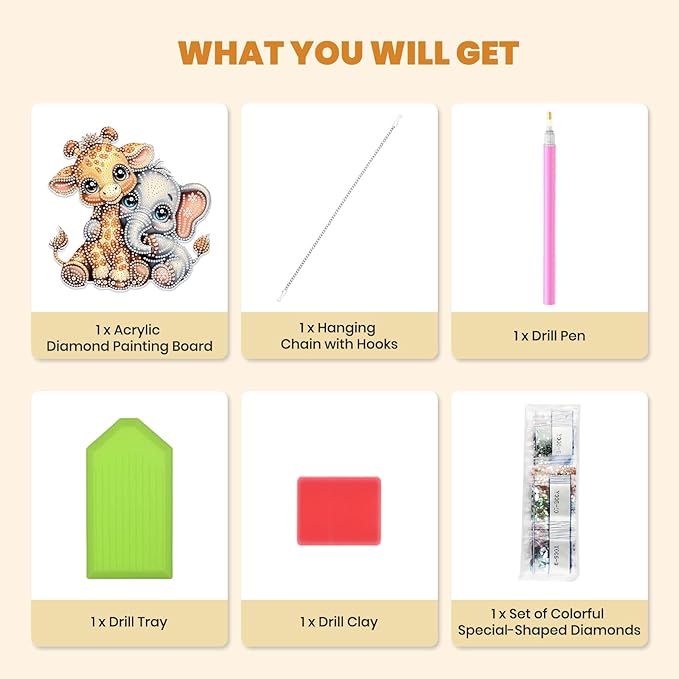 MXJSUA Diamond Art Hanging Kits for Adults Beginners, Giraffe and Elephant DIY Acrylic Special Shaped Crystal Diamond Gem Art Pendant Drills Painting Ornament for Home Wall Decor and Gift