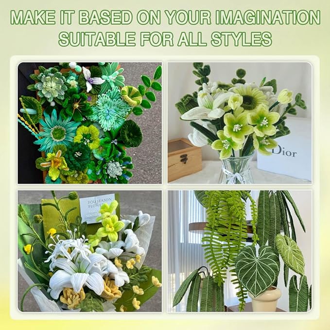 985-Piece Jumbo Size Premium Muti-Color Pipe Cleaner Craft Kit with Floral Supplies - Chenille Stems, Flower Wires, Stamens & Video Tutorial for Wedding Decorations (Green White Set, Jumbo Craft Set)
