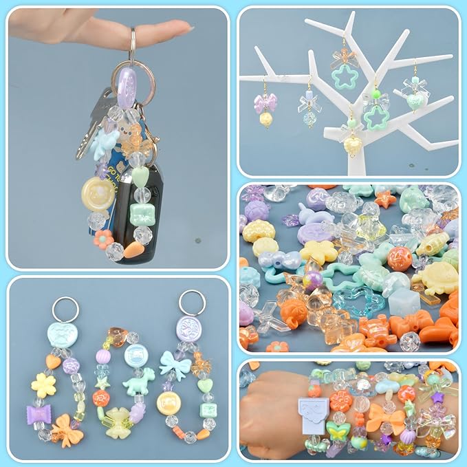 ABONDEVER 245-300Pcs Assorted Acrylic Beads for Bracelets Making kawaii Star Bow Flower Candy Heart Gummy Bear Butterfly Aesthetic Beads for DIY Jewelry Crafts Keychain Necklace Phone Charms(5 Colors)