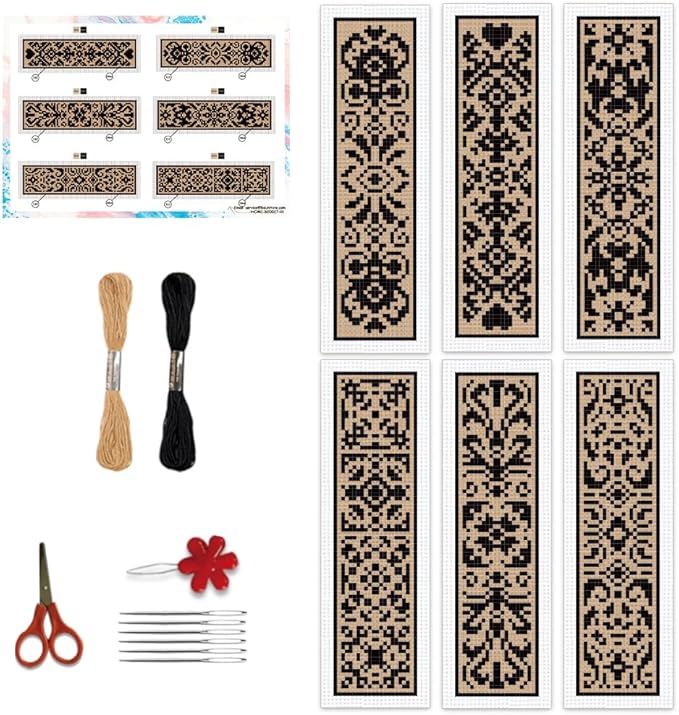 BEUNITONE 6 Pcs Cross Stitch Bookmark Kit DIY Vintage Decorative Border Counted Cross Stitch Stamped Kits for Adults Beginners with Instructions Embroidery Bookmark Kit for Book Lovers 2.4x7.9 in