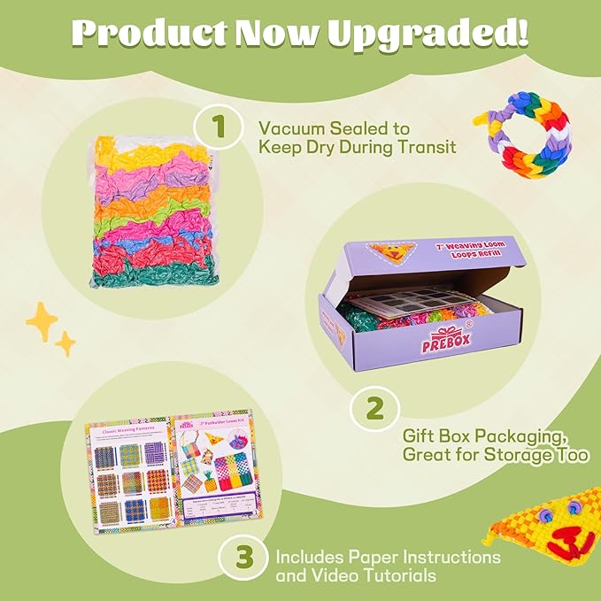 prebox 1000 pcs weaving loom loops refill, 10 colors for 7 inch potholder loom, craft supplies for kids and beginners, christmas & birthday gifts for girls 6 7 8-10 10-12 year old