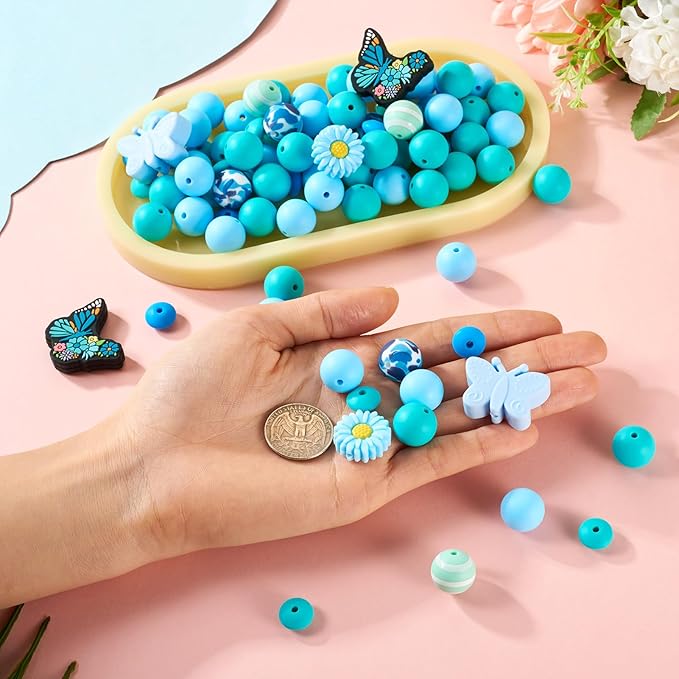96 Pcs Butterfly Silicone Beads for Keychain Blue Silicone Focal Beads for Bracelet Making Rondelle Flower Daisy Bead for Women Jewelry Making DIY Birthday Supplies