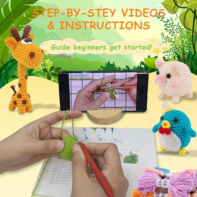 KIECIK 6Pcs Crochet Kit for Beginners, Crochet Animal Kits，Knitting Kit for Adults with Step by Step Videos Tutorials, Knitting Kit Great Birthday Holiday Gift, DIY Keychain Pendants(Set -02)