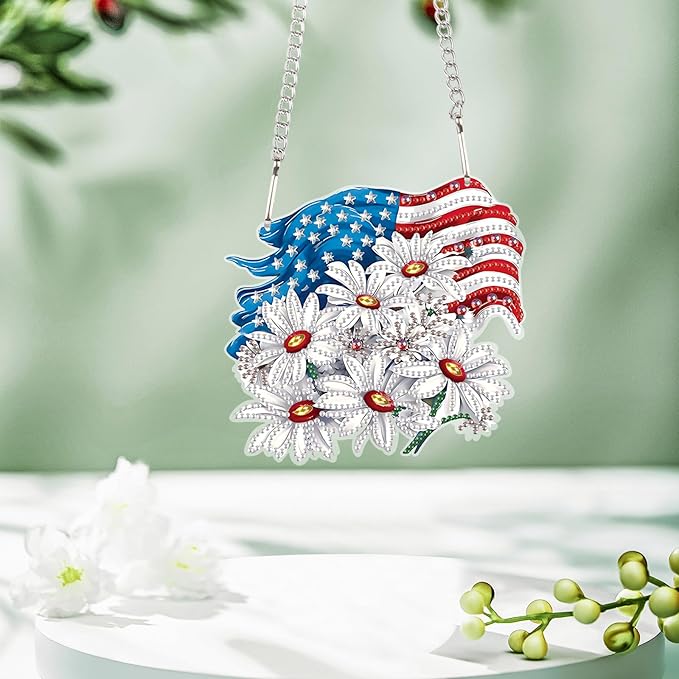 AiYuanzsh Patriotic Diamond Painting Hanging Ornament, American Flag with White Daisies, DIY 5D Diamond Art Pendant Kit with Chain, Independence Day Crystal Suncatcher Home Decoration Craft