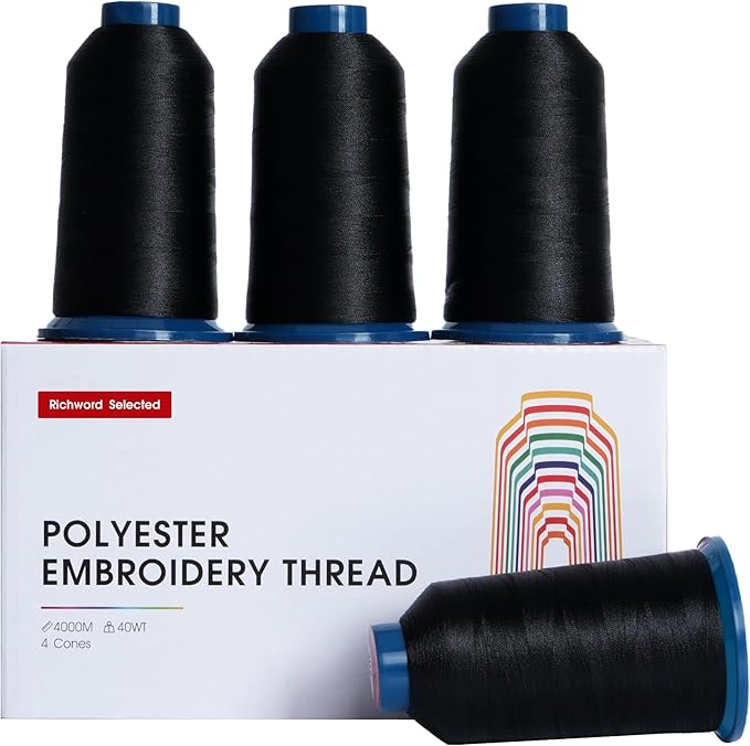 Poolin Black Embroidery Thread, Huge Spool Richword Selected 4 Rolls 4000M(4374Y) 40WT Polyester Thread for All Embroidery Machines