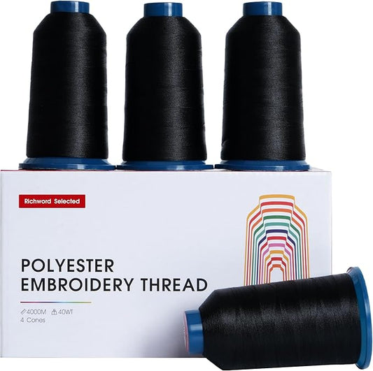 Poolin Black Embroidery Thread, Huge Spool Richword Selected 4 Rolls 4000M(4374Y) 40WT Polyester Thread for All Embroidery Machines
