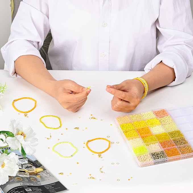 Vtssvow 3mm Glass Seed Beads for Bracelets Making, 24 Colors 10000pcs Friendship Bracelet Making Kit, Small Glass Beads for Jewelry Making (Mix 24 Color, Yellow)