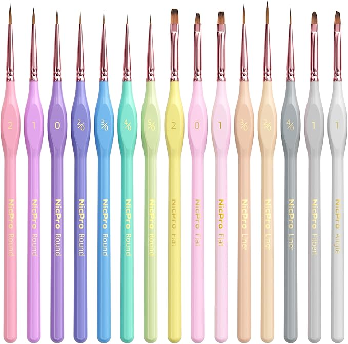 Nicpro 15PCS Micro Fine Detail Paint Brush Set, Aesthetic Pastel Small Miniature Fine Tip Detail Brushes Kit for Acrylic Oil Watercolor, Craft, Models, Miniatures, Rock Painting, Paint by Numbers