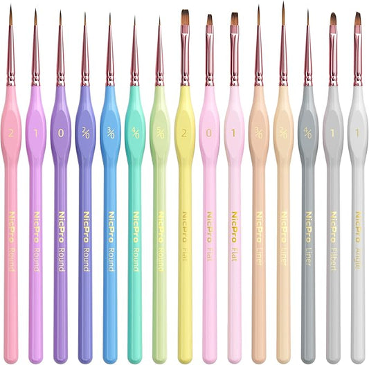 Nicpro 15PCS Micro Fine Detail Paint Brush Set, Aesthetic Pastel Small Miniature Fine Tip Detail Brushes Kit for Acrylic Oil Watercolor, Craft, Models, Miniatures, Rock Painting, Paint by Numbers