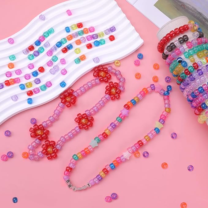 glitter pony beads for bracelet 8050 pcs multi-colored beads bulk for hair jewelry making braiding diy crafts kandi key chains and ornaments decorations 9 assorted colors,boxed (8050)