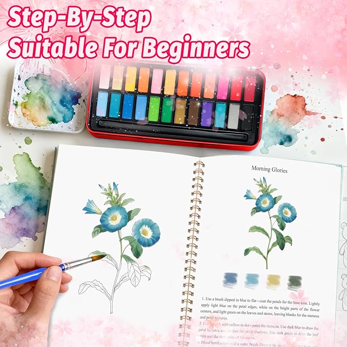 Watercolor Workbook - Coloring Book Beginner Friendly Painting Kit, Watercolor Workbooks for Adults with 24 Colors Paint, Exploration Gift for Adults Teens (Flowers)