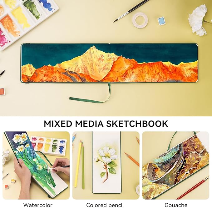Lightwish Watercolor Journal, 100% Cotton Hot Press Watercolor Paper Sketchbook 9.25” x 3.93”, 20 Sheets (140lb/300gsm), Acid-Free for Watercolors, Gouache, Acrylics