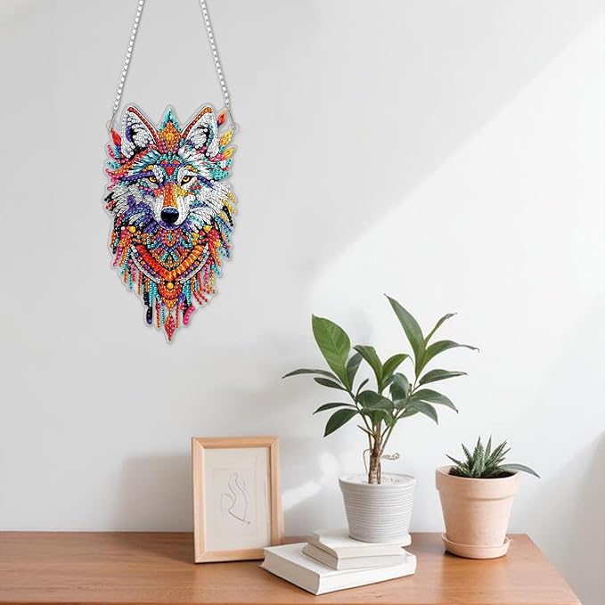 NAIMOER DIY Hanging Diamond Art Kits for Adults, Wolf Diamond Painting Kits, Special Shaped Rhinestone, Acrylic 5D Gem Art Craft Window Pendants Home Garden Wall Hanging Ornament Kits