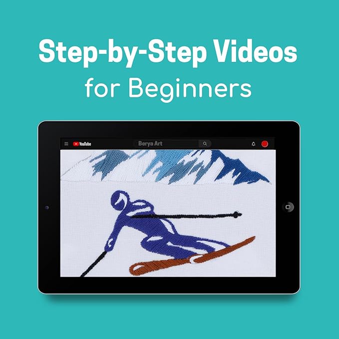 Embroidery Kit for Adult Beginners,Skiers Snow Mountain Embroidery Kit with Step-by-Step Instructions & Video,Printed Cloth,7.87" Hoop,Display Stand,Color Threads and Tools for Craft Lover(BES012)