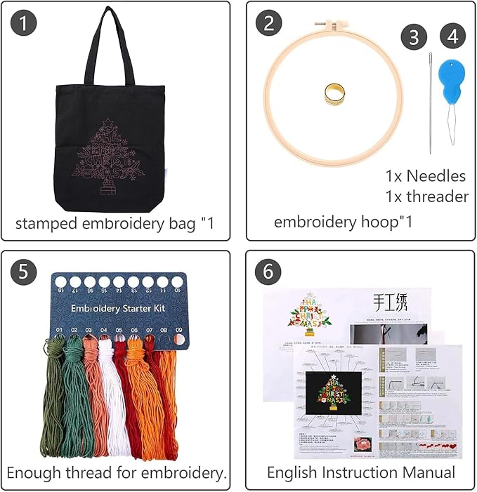 CREAWONDER Canvas Tote Bag Embroidery Kit with Pattern for Beginners, Arts and DIY Embroidery Crafts Kits for Adults, Include Instructions, Thimble, Embroidery Hoops, Color Threads and Tool