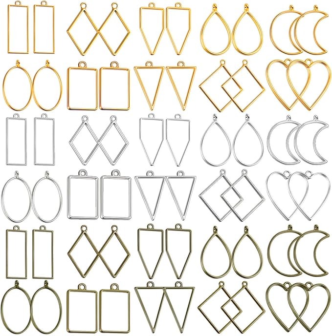 Shynek 60Pcs Hollow Frame Pendants - Resin Craft Bezels Jewelry Molds for Necklaces and Earrings Making Supplies