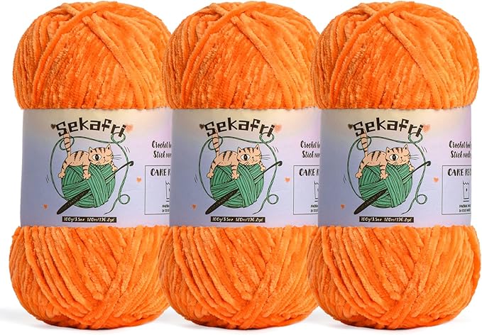 3 Pack of 300g (590yds) Fuzzy Chenille Yarn for Crocheting,Fluffy Amigurumi Crochet Yarn for DIY Craft/Hat/Clothes, Soft Velvet Baby Blanket Yarns（3 Orange）