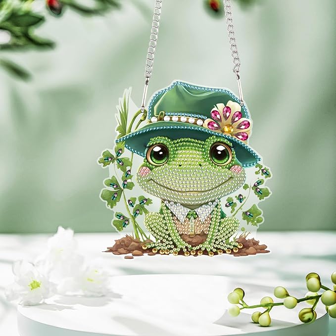 AiYuanzsh Frog Diamond Painting Pendant Kit, 5D DIY Diamond Art Hanging Ornament with Chain, Paint by Number Acrylic Wall Decor, Craft Gift for Adults