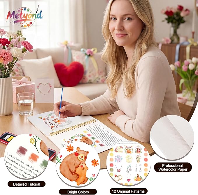 Metyond Mother's Day Watercolor Workbook for Adults - Watercolor Coloring Book with 1 Workbook 12 Colors Paint Set with Brush, Beginner Friendly Watercolor Workbooks Set Mother's Day Gift