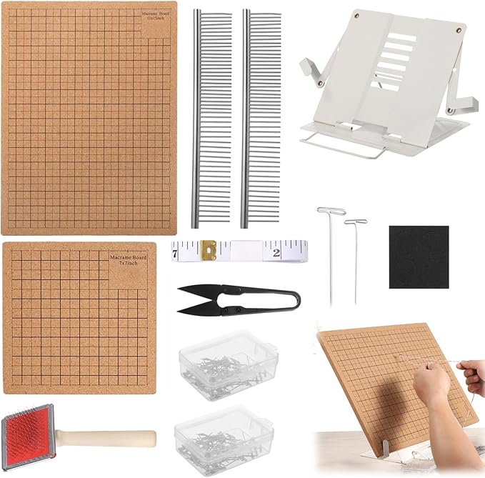 107 PCS Macrame Board Set, with 12x16/8x8 Inch Macrame Board Adjustable Holder with T Pins Double Sided Grids Bracelet Making Board with Brush Scissor Ruler Tools for Braiding Cording Creating (B)