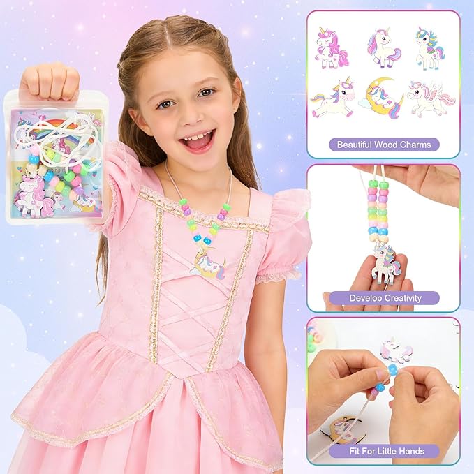 Bafeil 24 Set Unicorn Crafts Jewelry Necklace Making Kit, Wood Unicorn Charms with Pony Beads DIY Set for Arts and Crafts, Dress up, Birthday Party Favors, Gifts, Goodie Bag Stuffers, Group Prizes