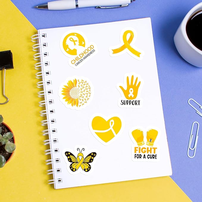 beyumi childhood cancer awareness sticker - 1000pcs pediatric cancer awareness stickers in 2 rolls waterproof vinyl gold ribbon decals school event campaign laptop bottle luggage decor for kids teens