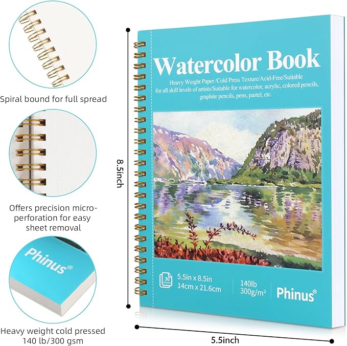 Phinus 30 Sheets Watercolor Sketchbook 5.5 x 8.5 Inch, Watercolor Paper Cold Press (140lb/300gsm), Spiral Bound Water Color Pad for Adults Kids, Mixed Media, Markers and Art Journaling