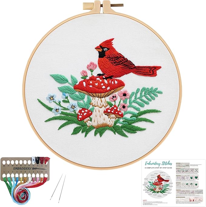Louise Maelys Cardinal Mushroom Embroidery Kits for Beginners,Cross Stitch Kit for Adults,DIY Needlepoint with Flowers Pattern