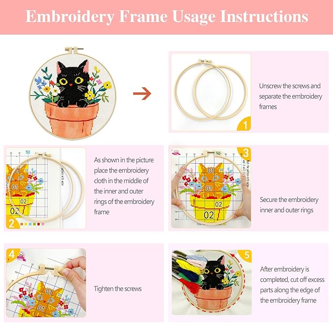 Zhenqing 3-Piece Black Cat Cross Stitch Kit for Beginners - Complete Set with Pre-Printed 11CT 24x24cm Fabric, Hoop, Threads & Tools (3 Adorable Cat Designs)(70403)