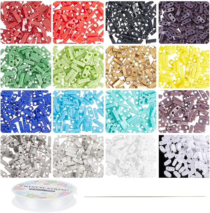 NBEADS About 1280 Pcs 16 Colors 2-Hole Beads, 2-Hole Rectangle Glass Seed Beads with Elastic Thread, Big Eye Beading Needles for Bracelet Necklace Earring Jewelry Making
